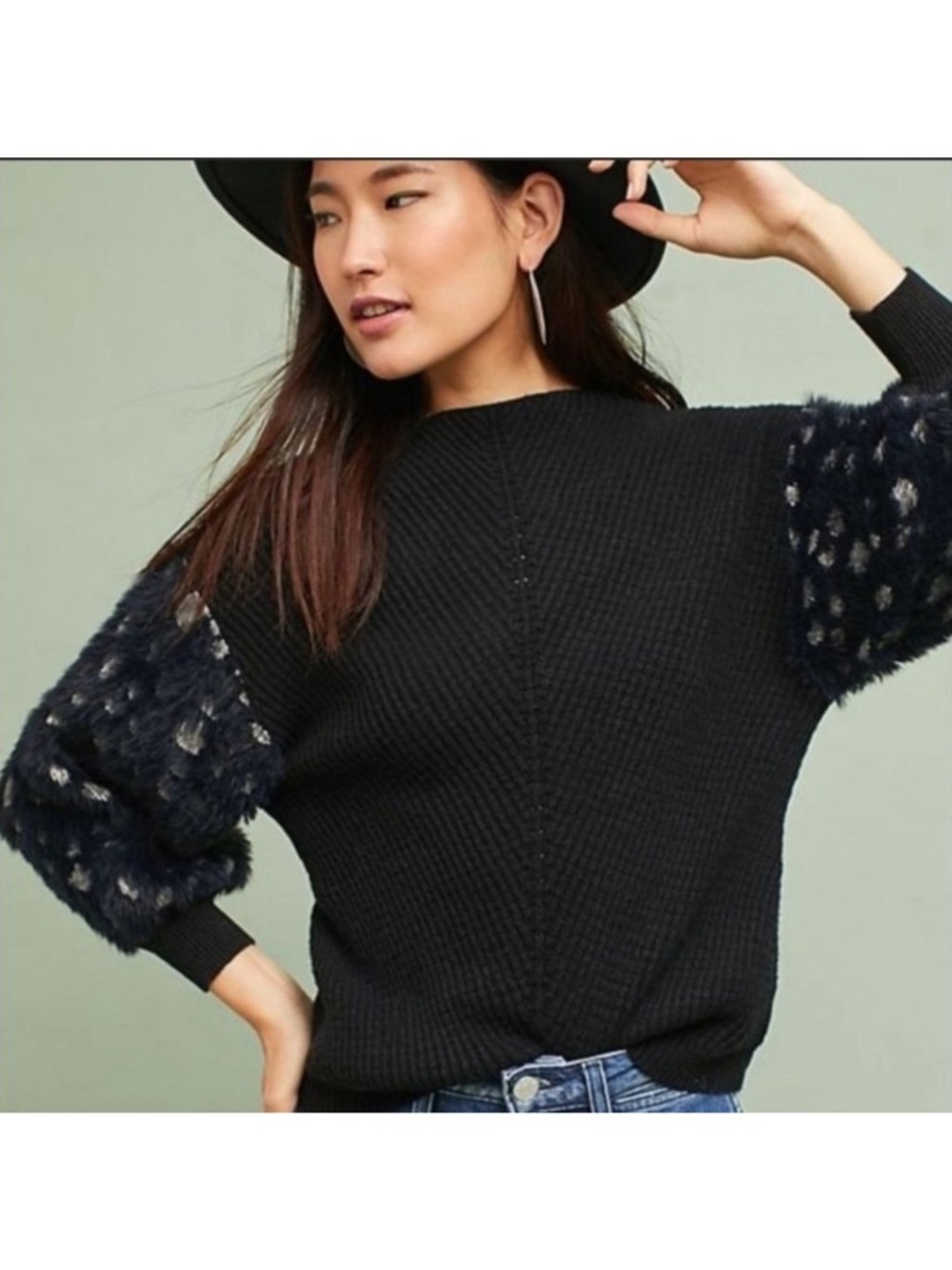 Knitted & Knotted Bynx Eyelash 3/4 Sleeve Sweater Black Size XS